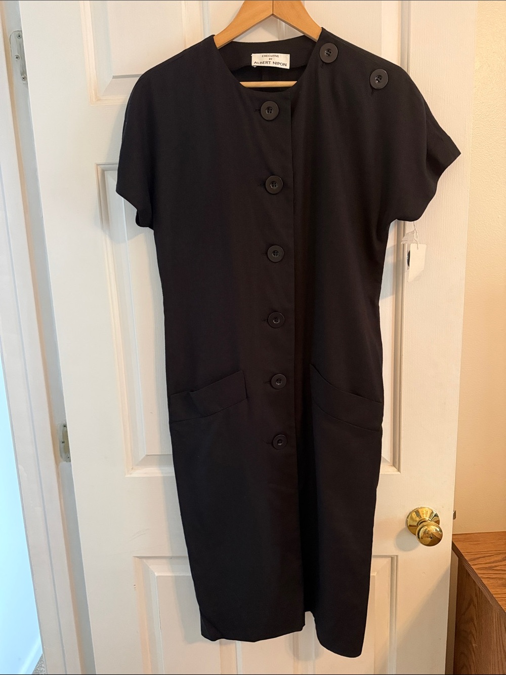 NWT Executive by Albert Nipon Black Button-Front Sheath Dress, Linen Blend, sz 8